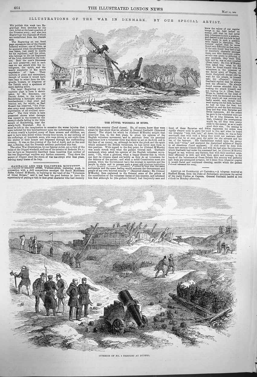 Original Old Antique Print 1864 Duppel Windmill Demark Redoubt Siers Weapons