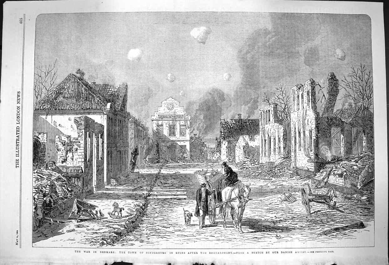 Original Old Antique Print 1864 War Denmark Sonderburg Ruins Bombardment 19th