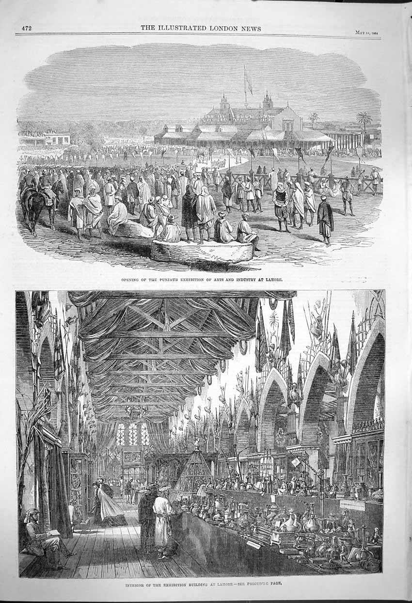 Original Old Antique Print 1864 Punjaub Exhibition Building Industry Victorian
