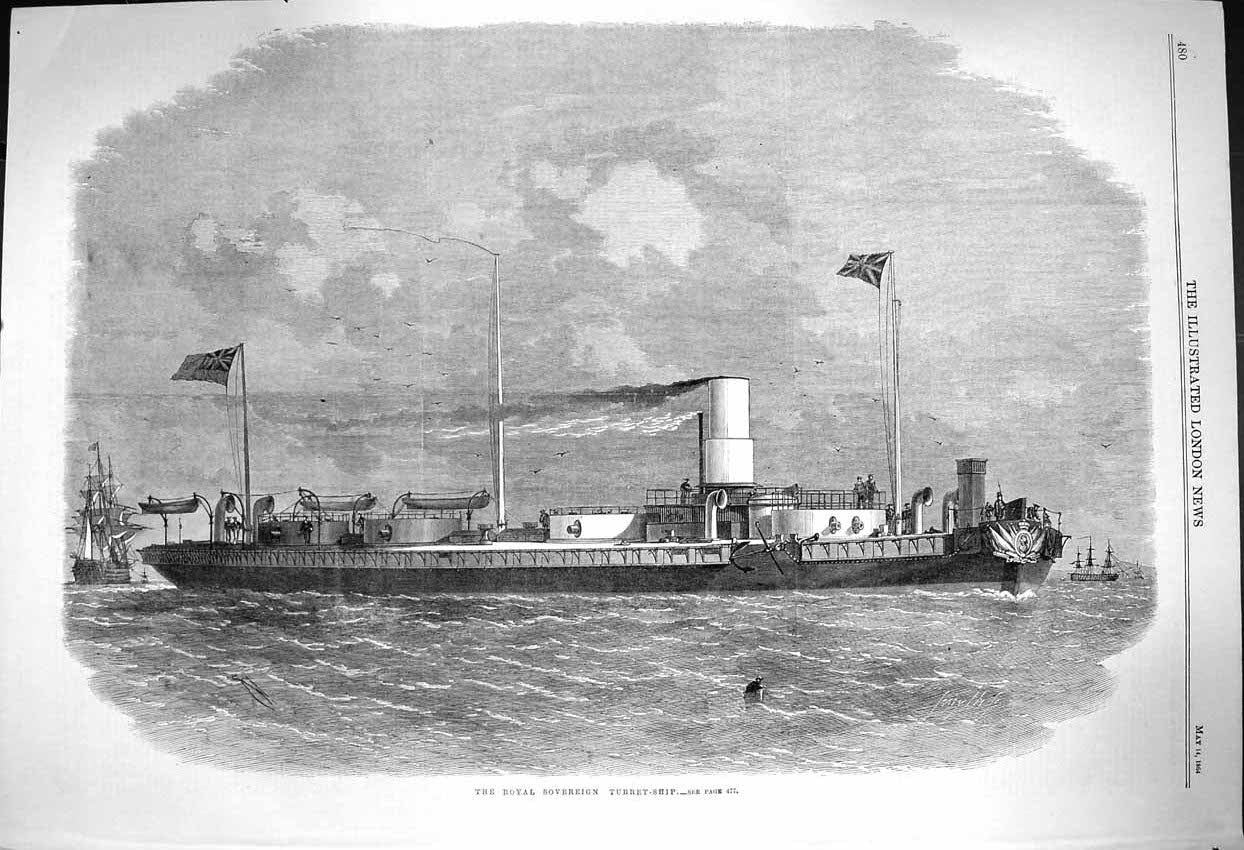 Original Old Antique Print 1864 Royal Sovereign Turret Ship 19th