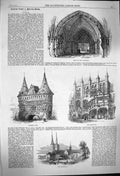 Original Old Antique Print 1864 Porchc Cathedral Lubeck Holstein Thor Rath-Haus