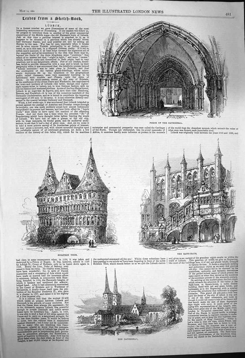 Original Old Antique Print 1864 Porchc Cathedral Lubeck Holstein Thor Rath-Haus