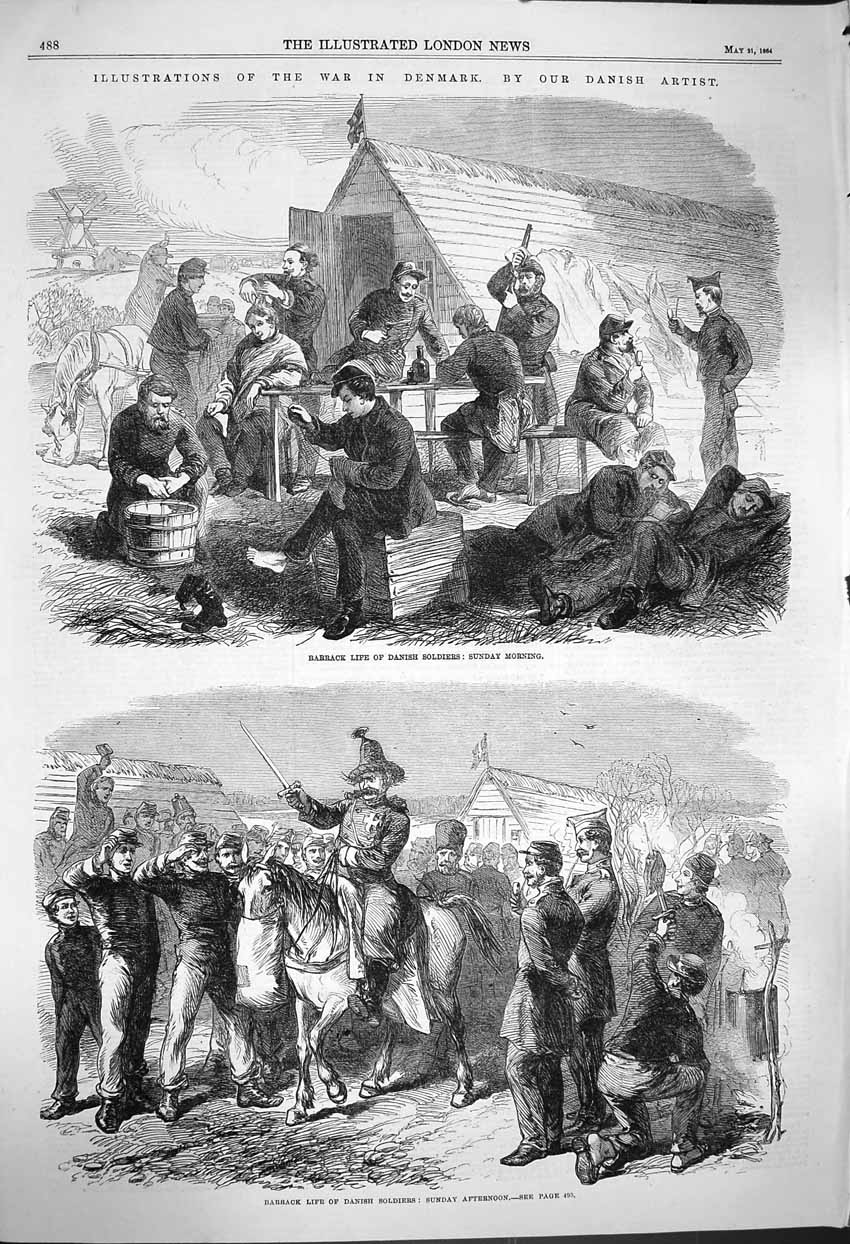 Original Old Antique Print 1864 Barrack Life Danish Siers War 19th