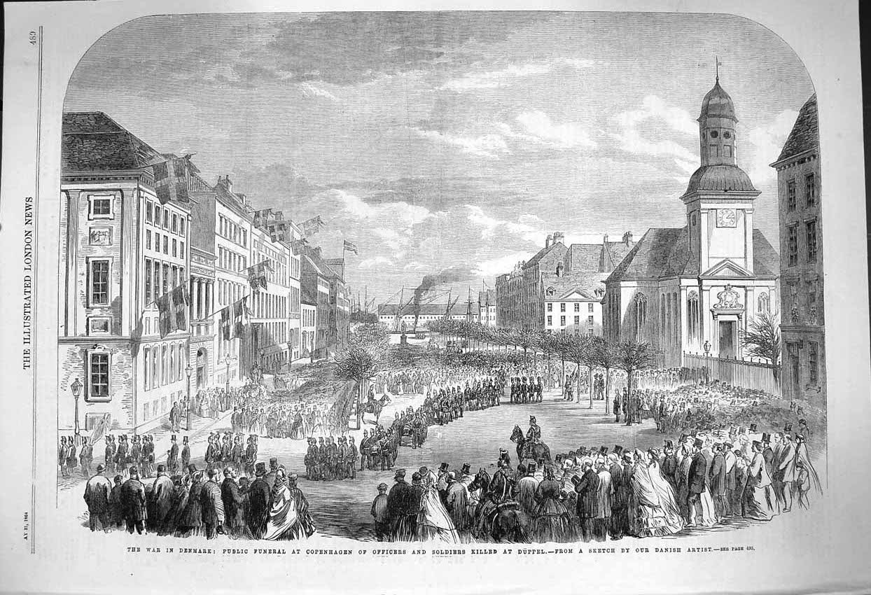 Original Old Antique Print 1864 War Denmark Funeral Copenhagen Siers Duppel