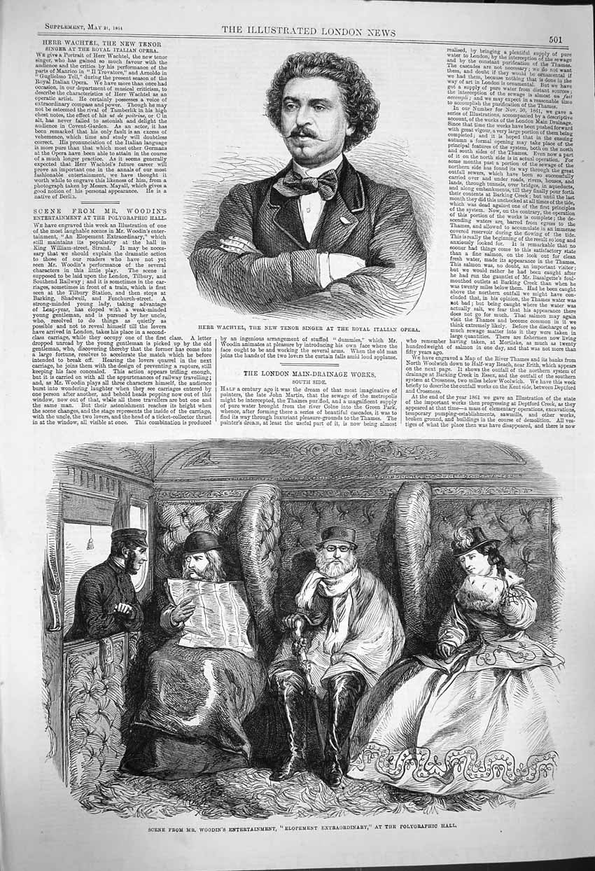 Old Antique Print 1864 Herr Wachtel Tenor Italian Opera Polygraphic Hall 19th