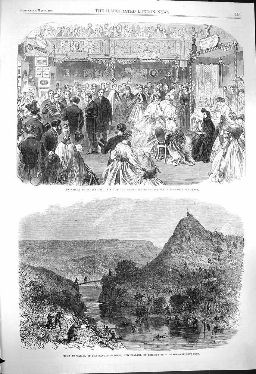 Old Antique Print 1864 Bazaar James'S Hall Fight Waiari Mangapiko River 19th