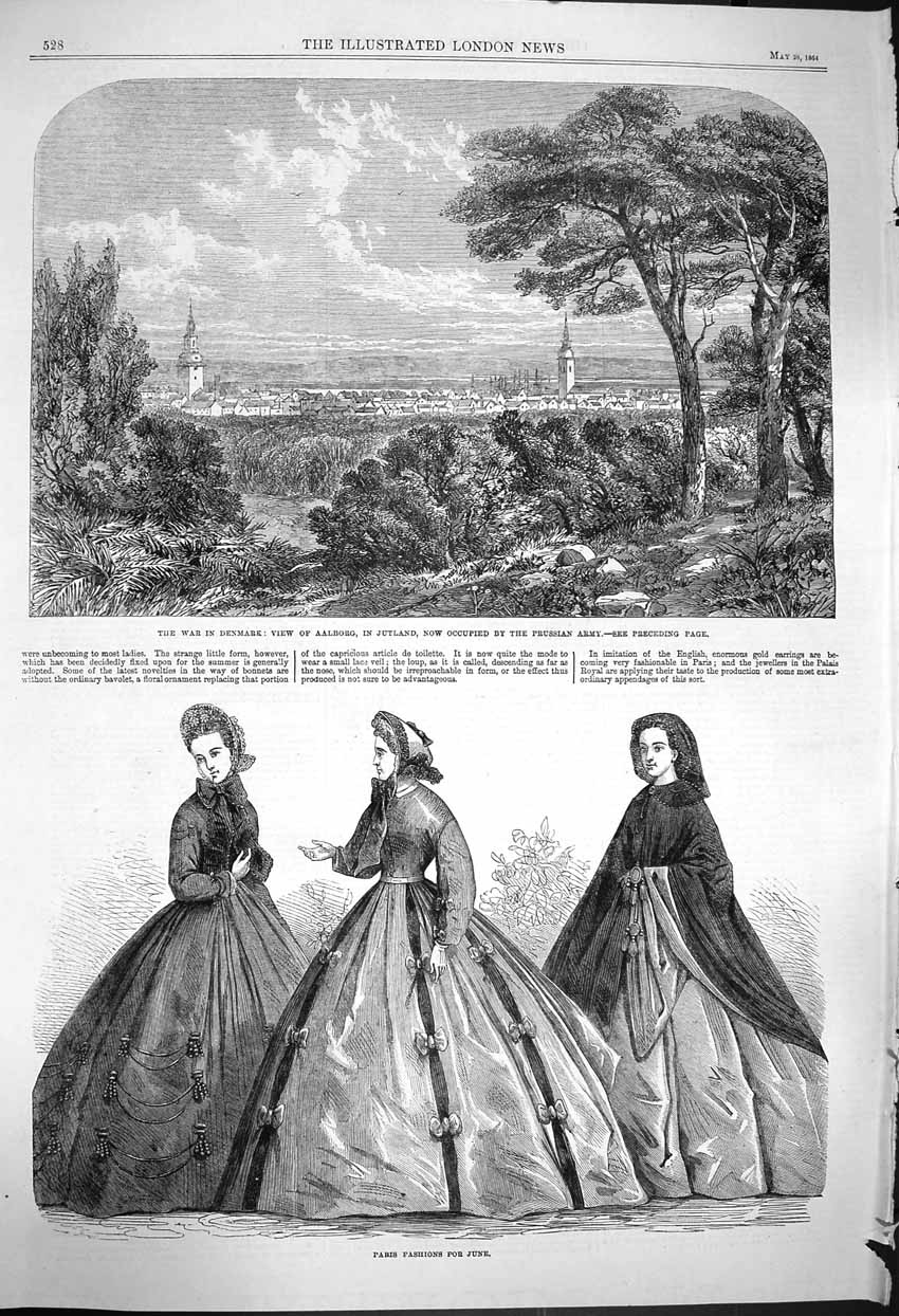 Old Antique Print 1864 War Demark Aalborg Jutland Prussian Ladies Fashion 19th