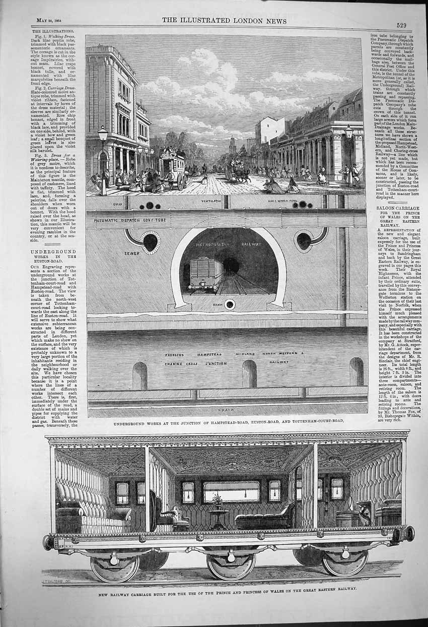 Original Old Antique Print 1864 Railway Carriage Prince Wales Underground Works
