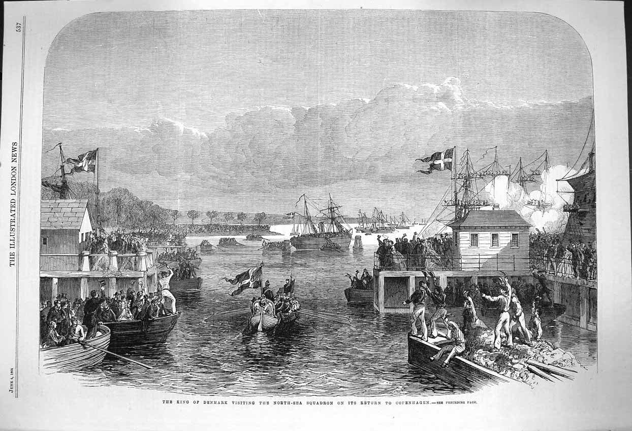 Old Antique Print 1864 King Denmark North-Sea Ships Squadron Copenhagen 19th