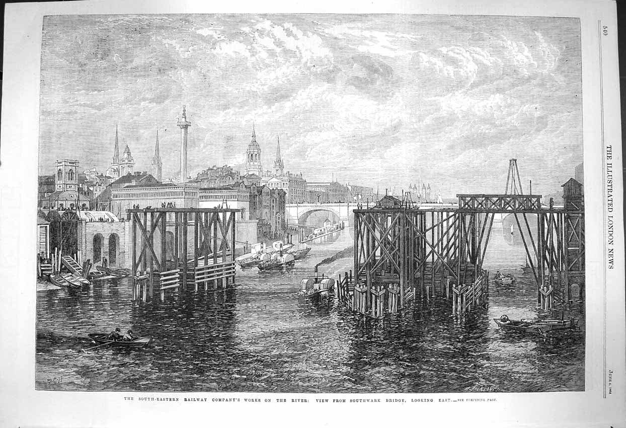 Old Antique Print 1864 Southwark Bridge Railway Works River Steamer Boats 19th