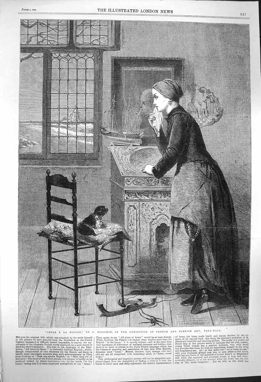 Original Old Antique Print 1864 Seule Maison Lady Dog Model Boat Bisschop Art