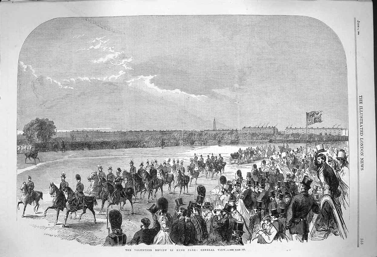 Original Old Antique Print 1864 Volunteer Review Hyde Park London Horses Army