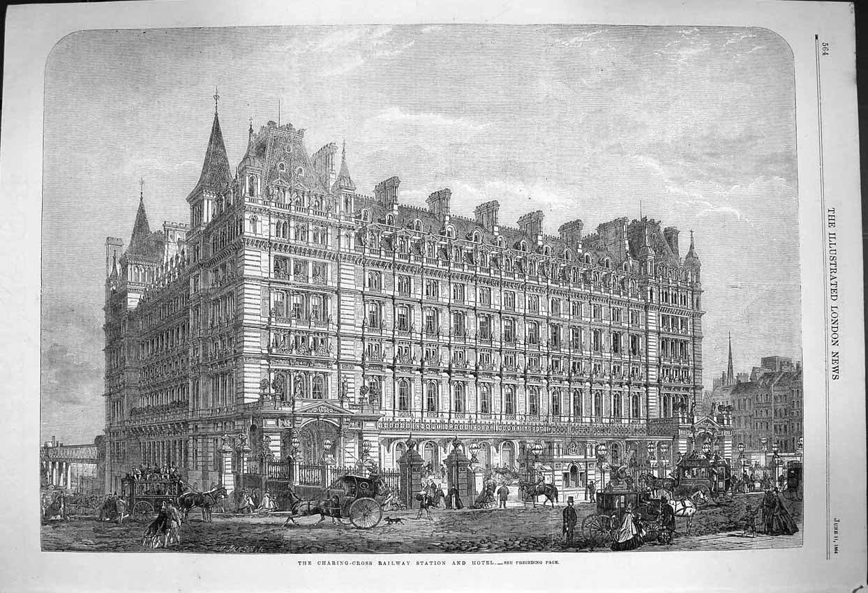Old Antique Print 1864 Charing Corss Railway Station Hotel Architecture 19th