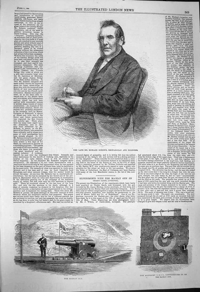 Original Old Antique Print 1864 Richard Roberts Mechanician Engineer Mackay Gun