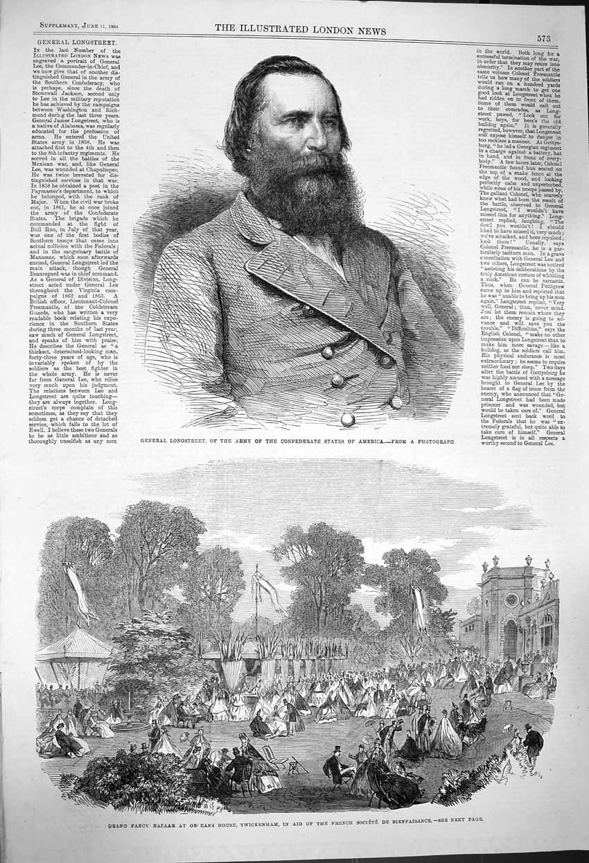 Old Antique Print 1864 General Longstreet Army America Bazaar Twickenham 19th