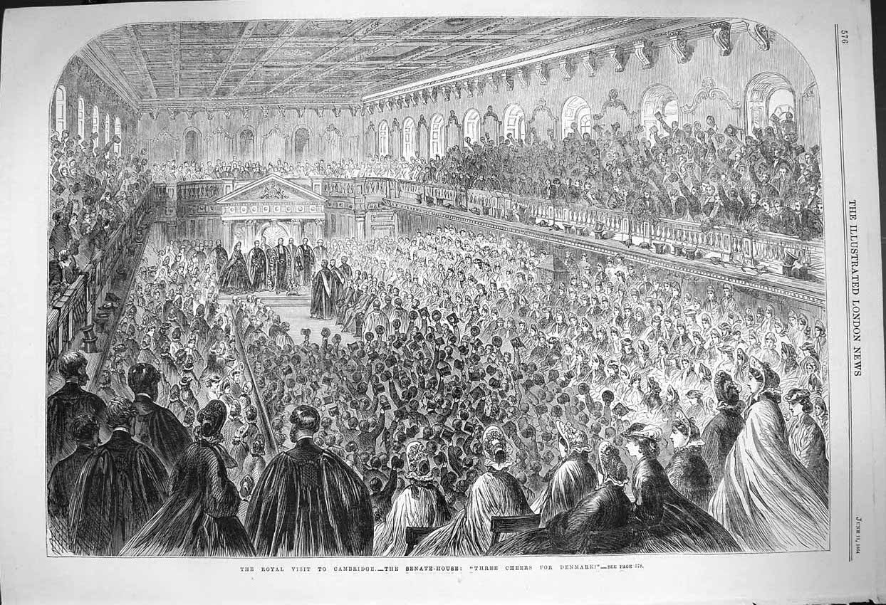 Original Old Antique Print 1864 Senate House Cambridge Prince Wales Boat Clubs