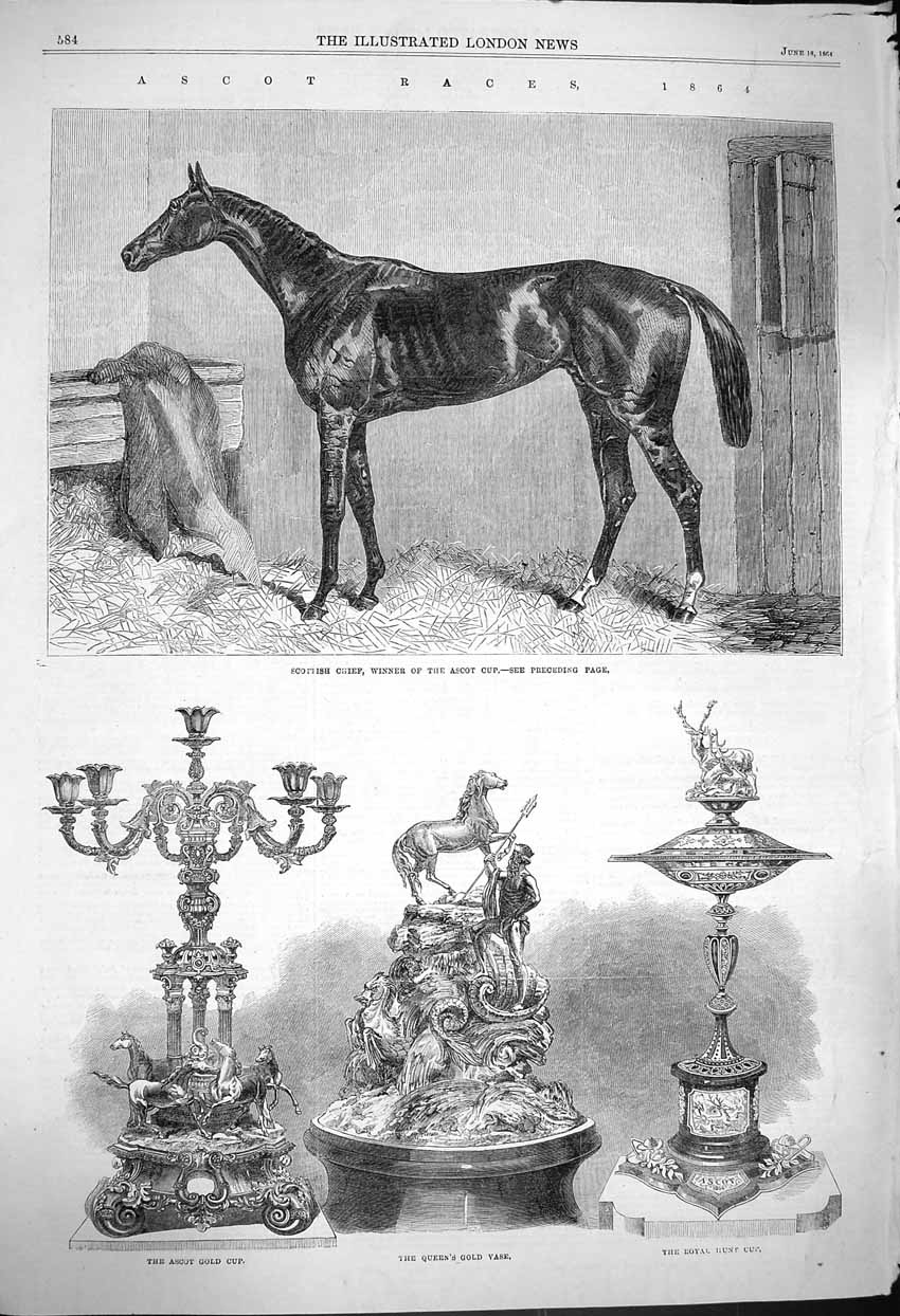 Old Antique Print 1864 Ascot Horse Scottish Chief Queen'S Vase Hunt Cup 19th