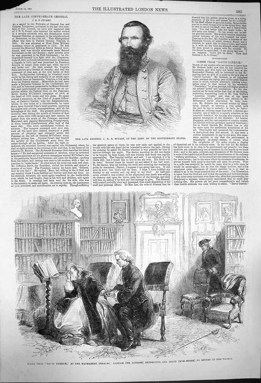 Original Old Antique Print 1864 General Stuart Army David Garrick Theatre Ingot