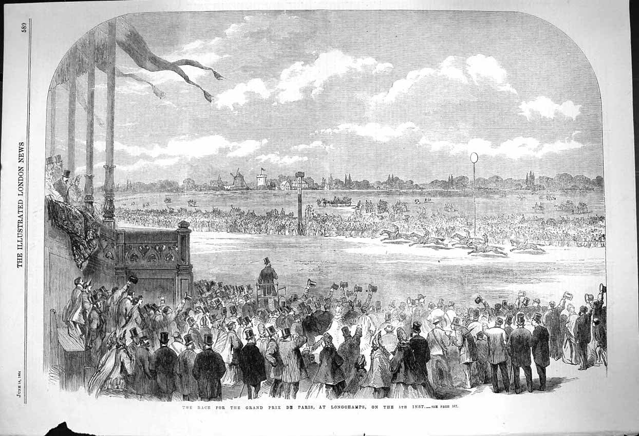 Old Antique Print 1864 Race Grand Prix De Paris Longchamps Horses Sport 19th