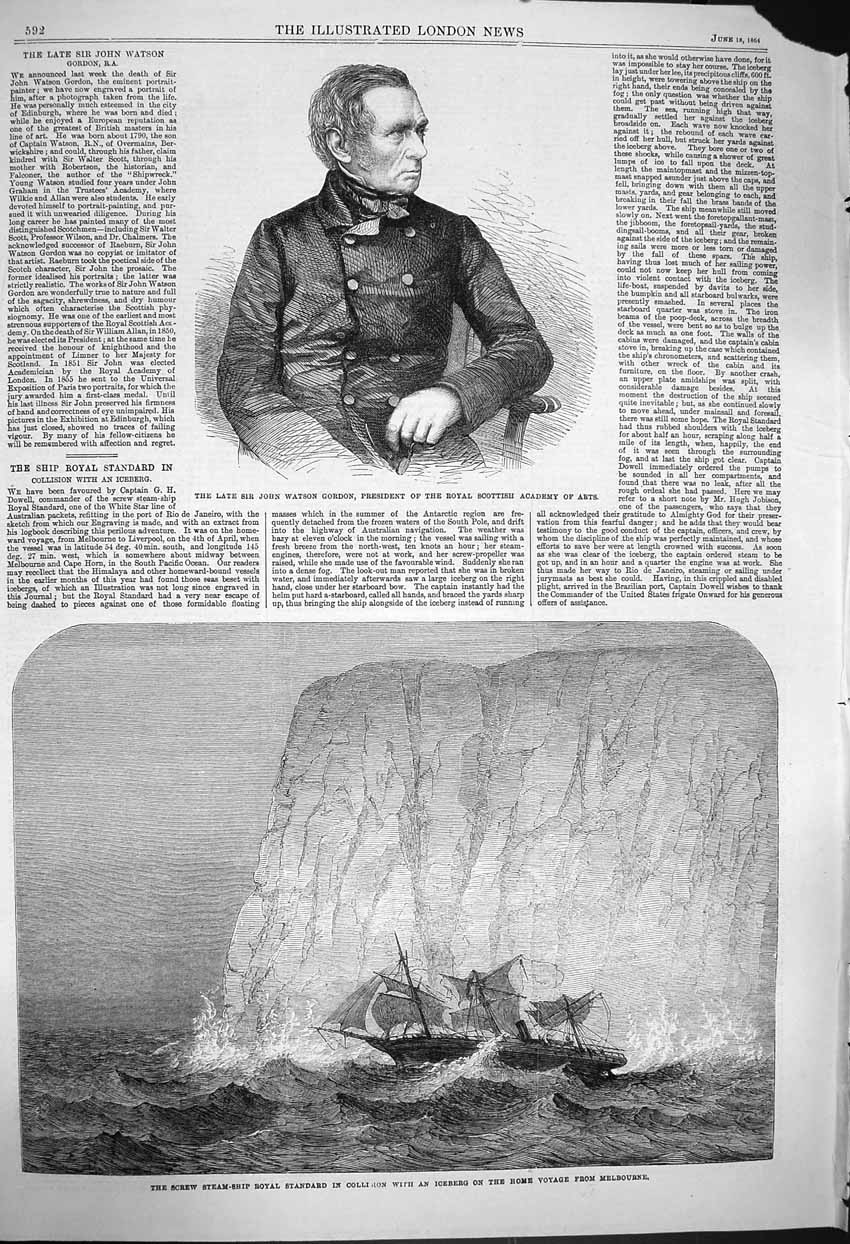 Original Old Antique Print 1864 John Watson Gordon Arts Ship Standard Iceberg