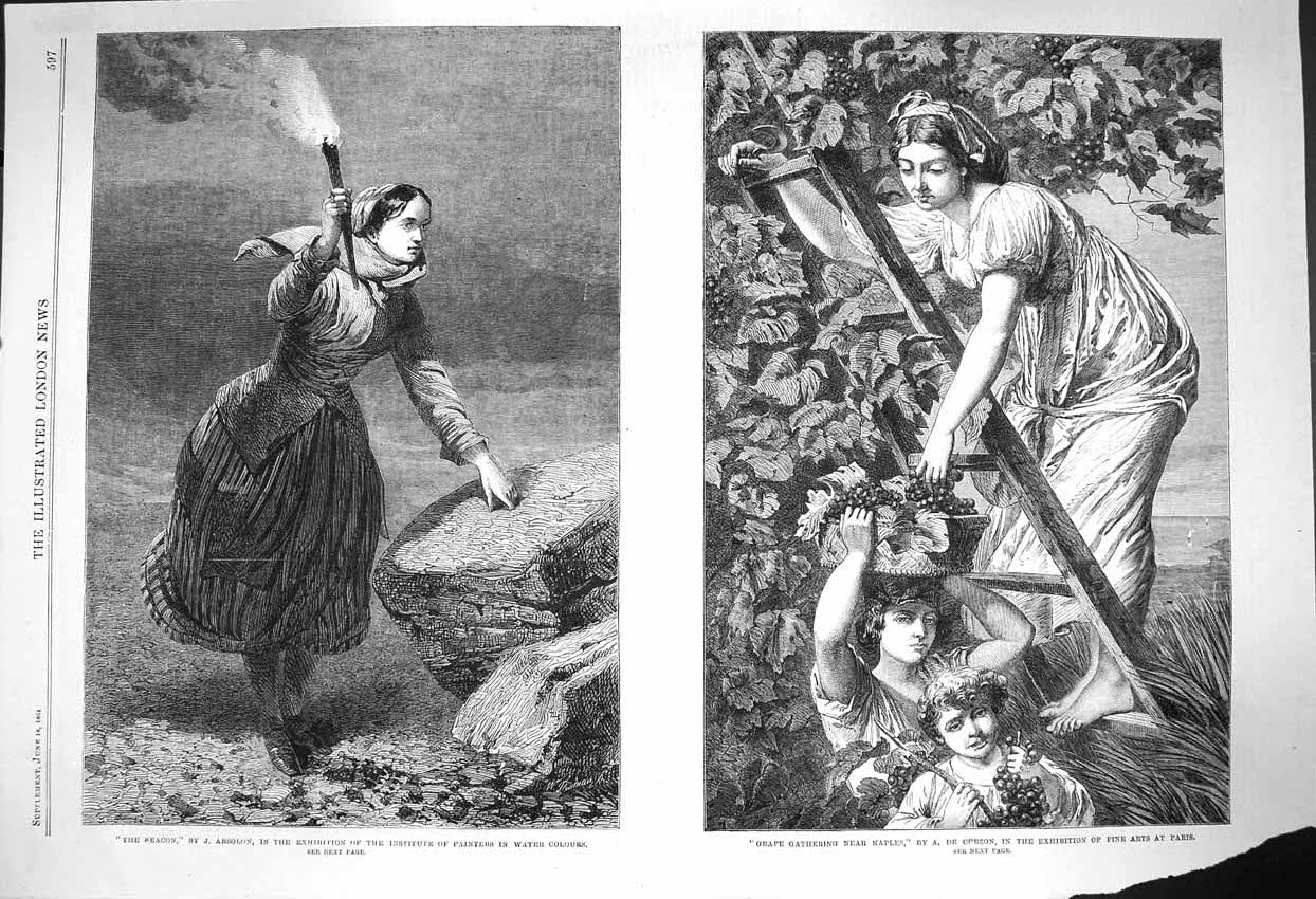 Original Old Antique Print 1864 Woman Beacon Beach Scene Grape Gathering Naples