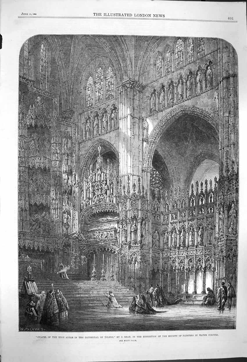 Original Old Antique Print 1864 Chapel High Altar Cathedral Toledo Architecture