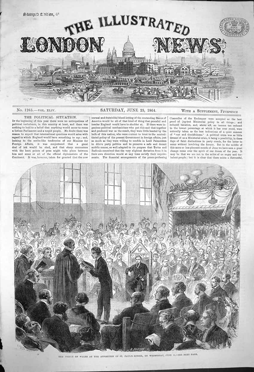 Original Old Antique Print 1864 Prince Wales Apposition St. Paul'S School T 19th