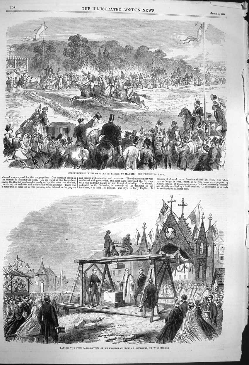 Old Antique Print 1864 Steeplechase Madrid Horses Church Stutgard Germany 19th