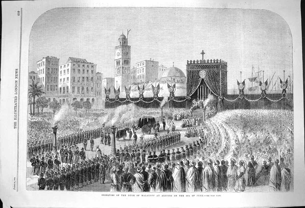 Original Old Antique Print 1864 Obsequies Duke Malakoff Algiers Siers 4Th June