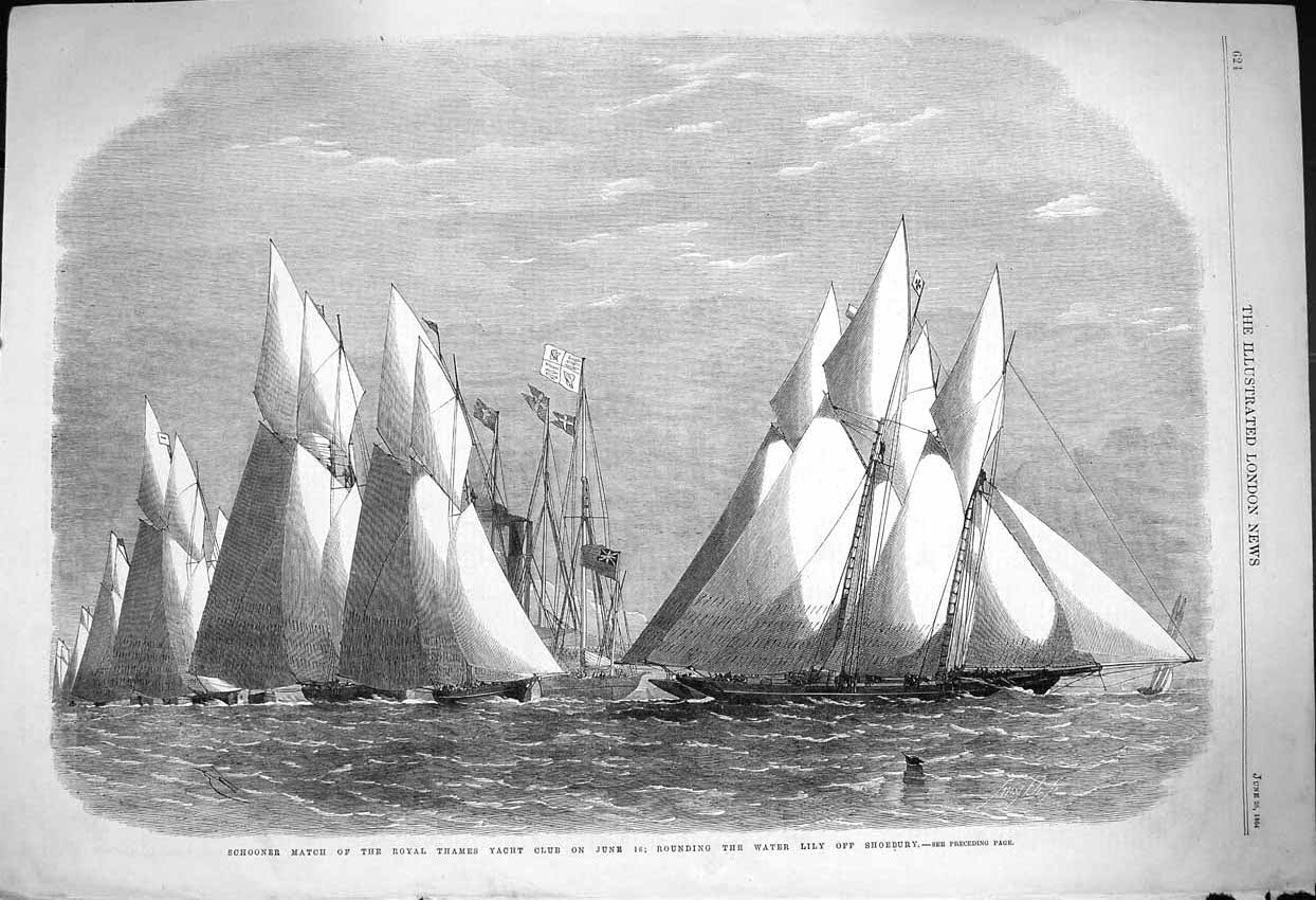 Original Old Antique Print 1864 Schooner Royal Thames Yacht Water Lily Shoebury