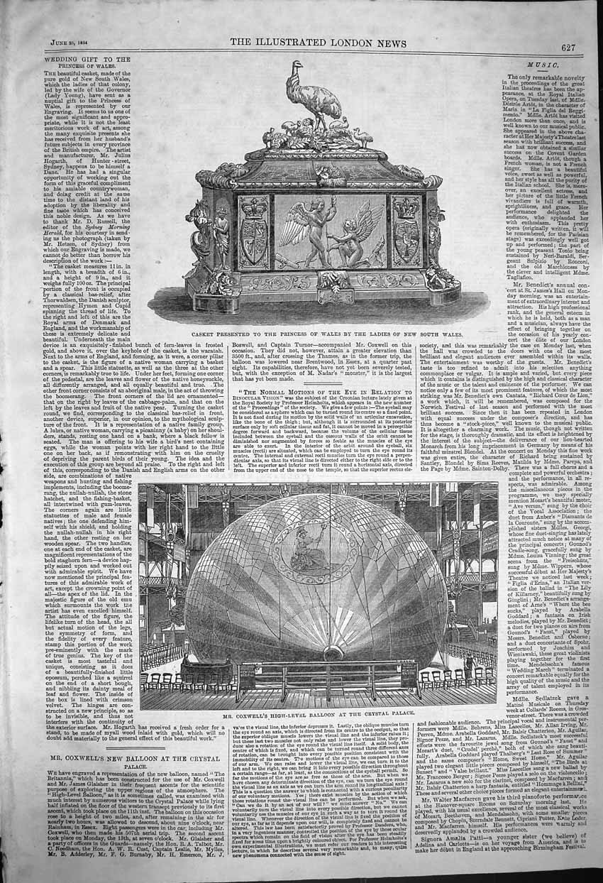 Original Old Antique Print 1864 Casket Princess Wales Coxwell Balloon Crystal