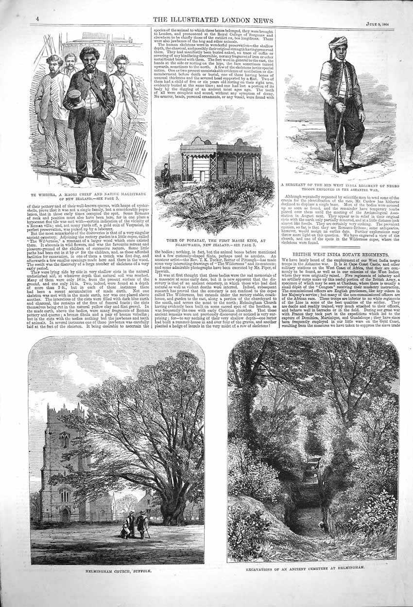 Original Old Antique Print 1864 Helmingham Church Suffolk Tomb Potatau Maori