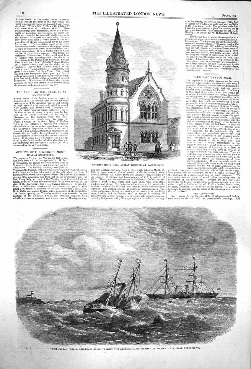 Original Old Antique Print 1864 Working Men Hall Eastbourne Jackal Tender Ships