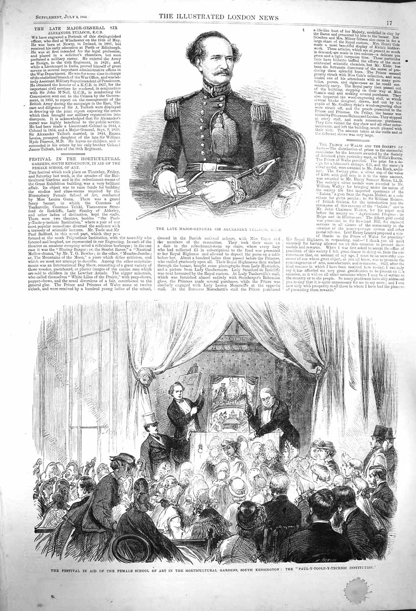 Old Antique Print 1864 Major-General Alexander Tulloch Kensington School 19th