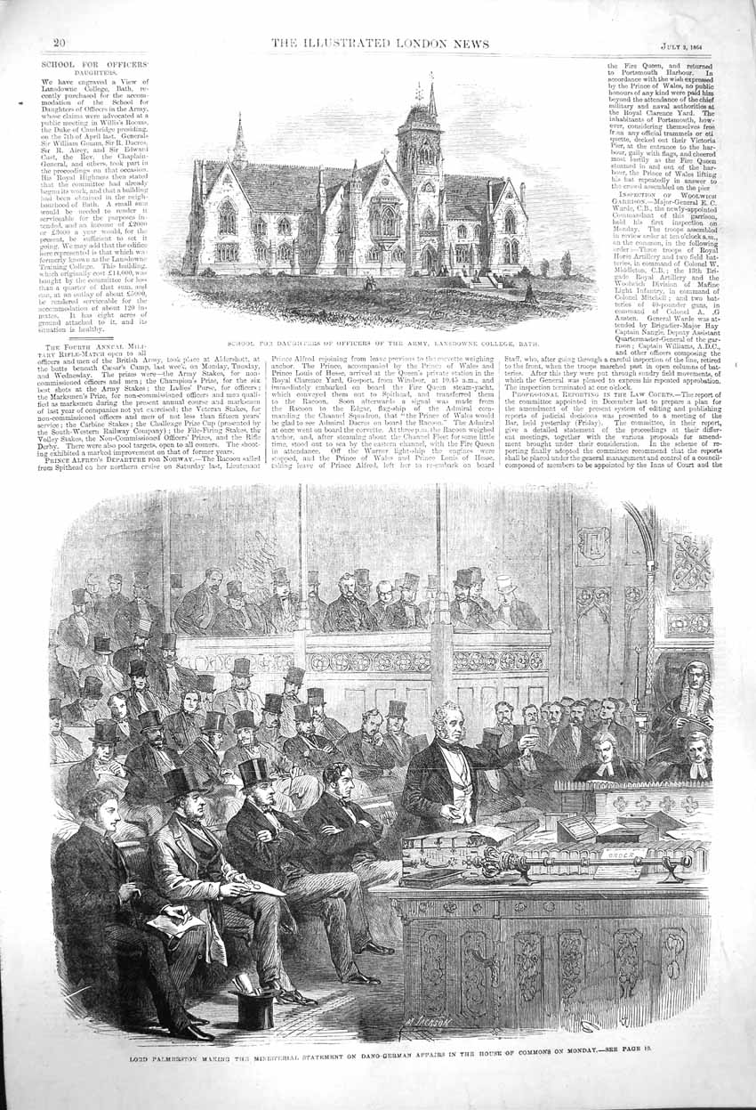 Original Old Antique Print 1864 School Lansdowne College Bath Lord Palmerston