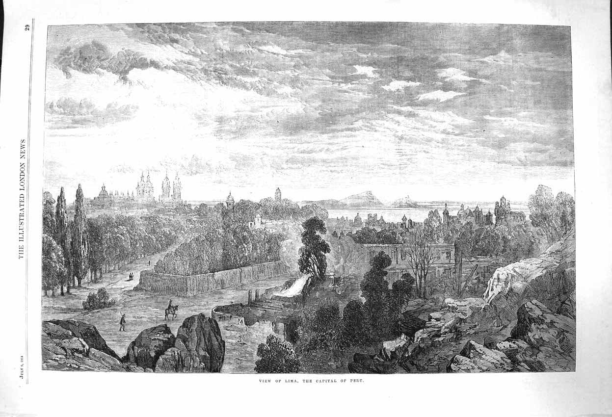 Original Old Antique Print 1864 View Lima Capital Peru South America Fine Art