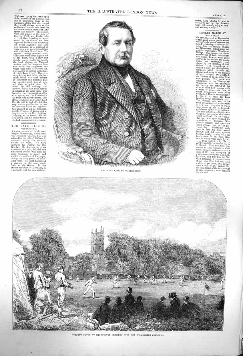 Original Old Antique Print 1864 King Wirtemberg Cricket Eton Winchester College