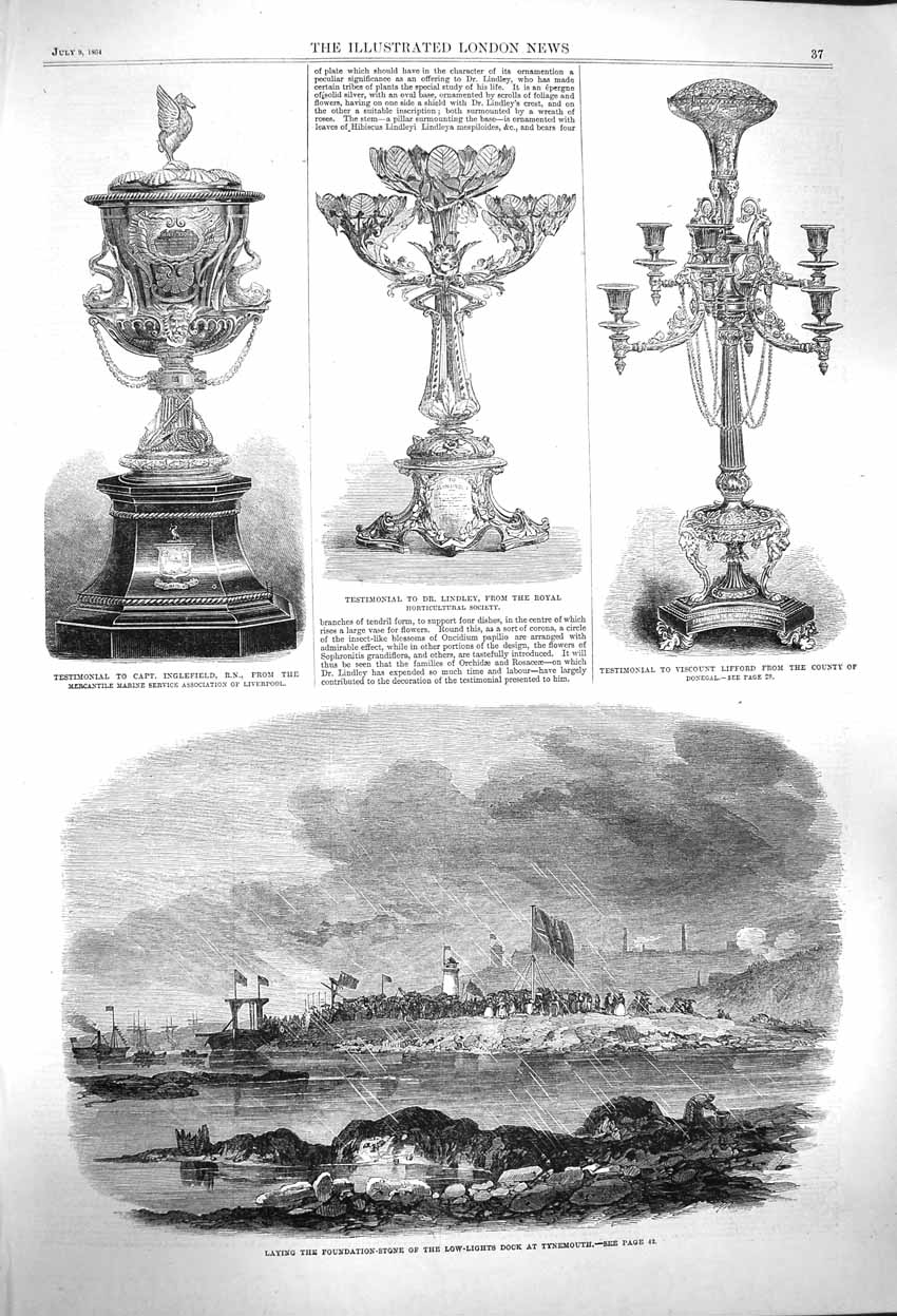 Old Antique Print 1864 Foundation Dock Tynemouth Lindley Inglefield Cup 19th