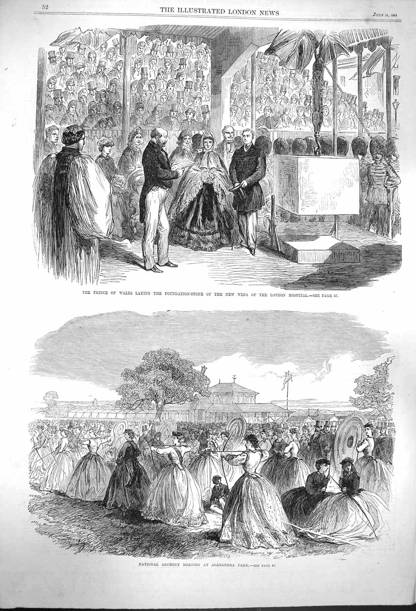 Original Old Antique Print 1864 Prince Wales London Hospital Archery Alexandra