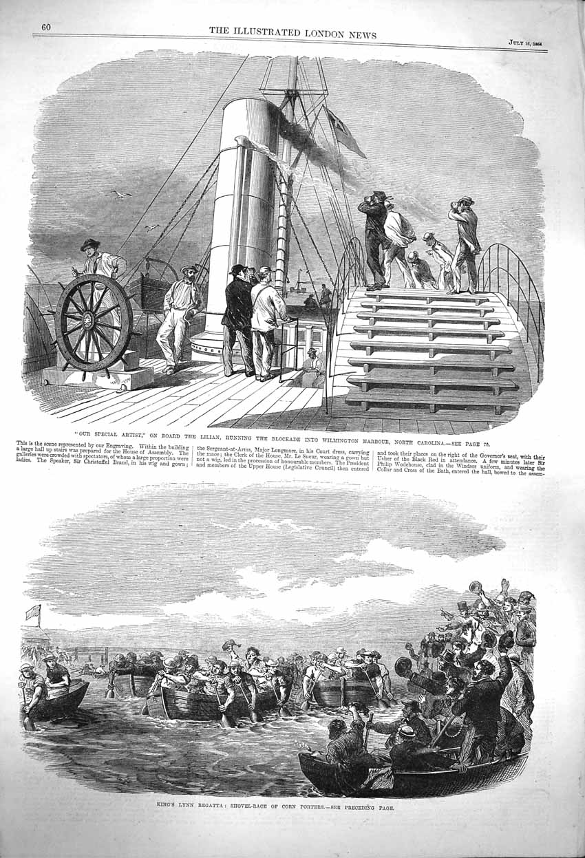 Old Antique Print 1864 Artist Lilian Ship King'S Lynn Regatta Corn Porter 19th