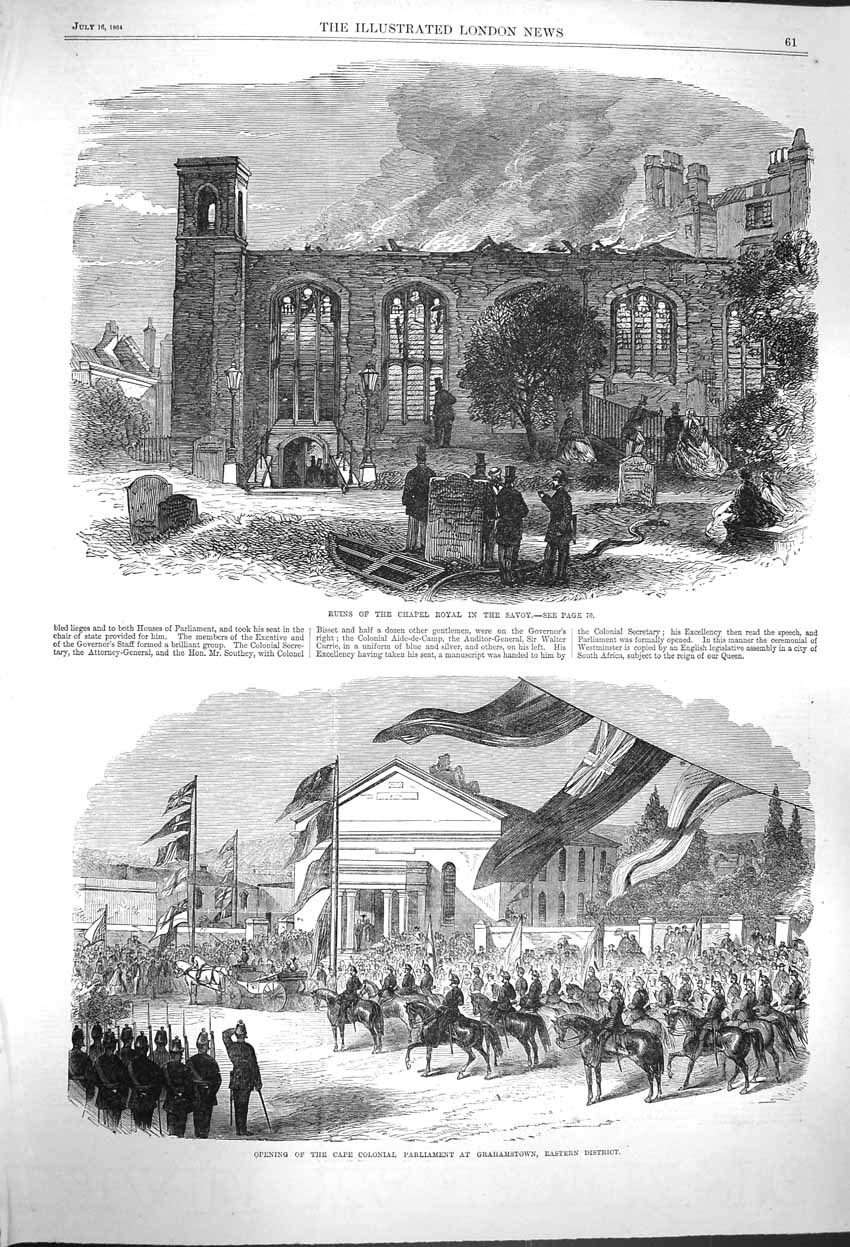 Original Old Antique Print 1864 Ruins Chapel Royal Savoy Grahamstown Parliament