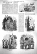 Old Antique Print 1864 Brunswick Cathedral Rath-Haus Houses Canal Market 19th