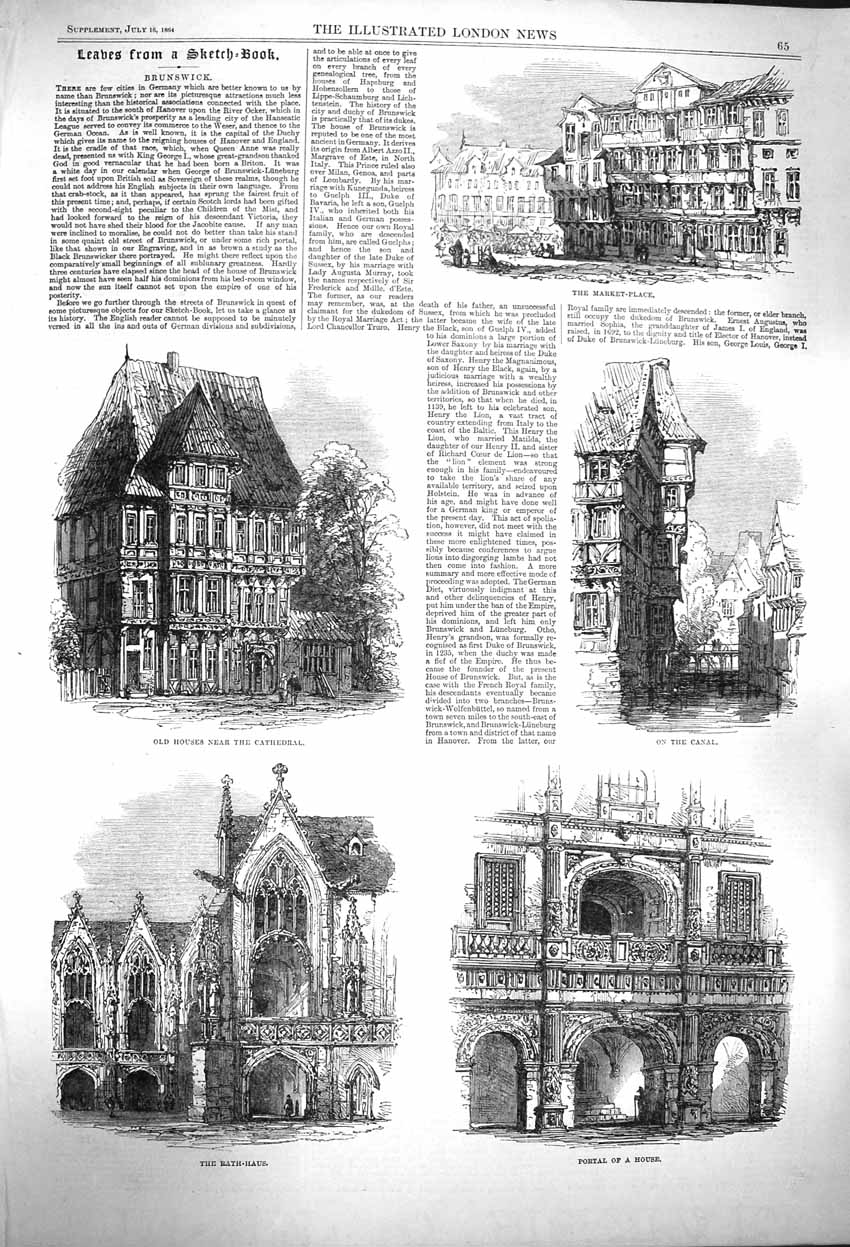 Old Antique Print 1864 Brunswick Cathedral Rath-Haus Houses Canal Market 19th