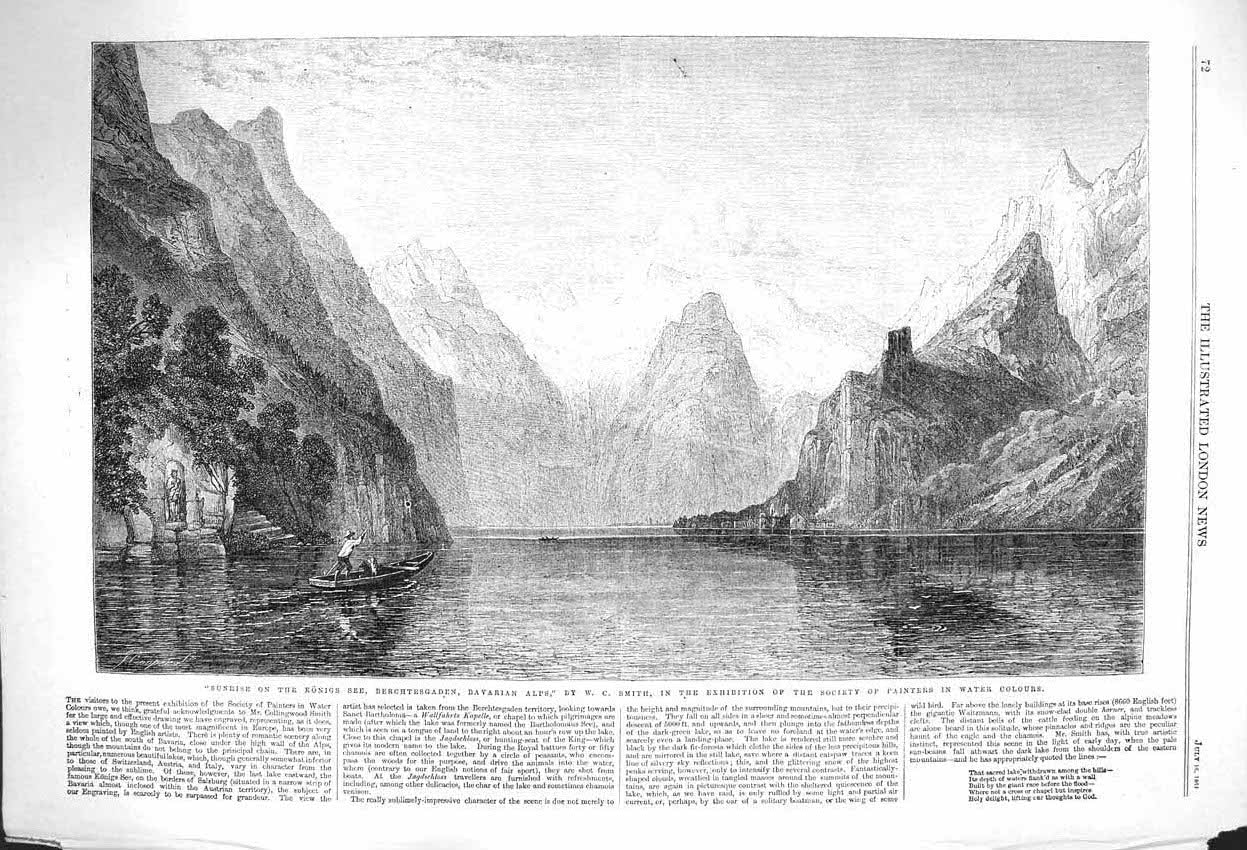 Antique Old Print *3919 1864 Sunrise Konigs See Berchtesgaden Bavarian Alps