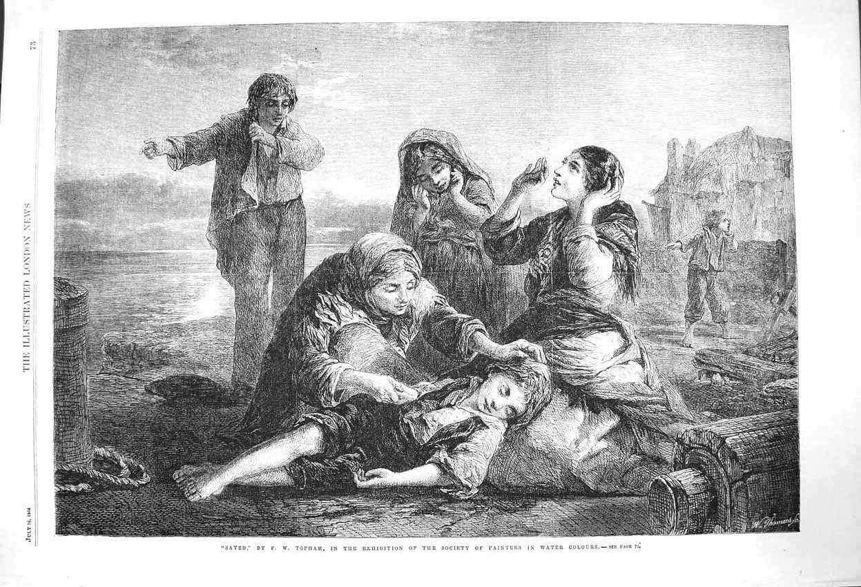 Original Old Antique Print 1864 Saved Topham Women Children Rescued Ship Wreck