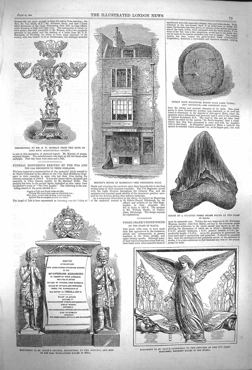 Original Old Antique Print 1864 Milton House Barbican Monument Paul'S Edinburgh