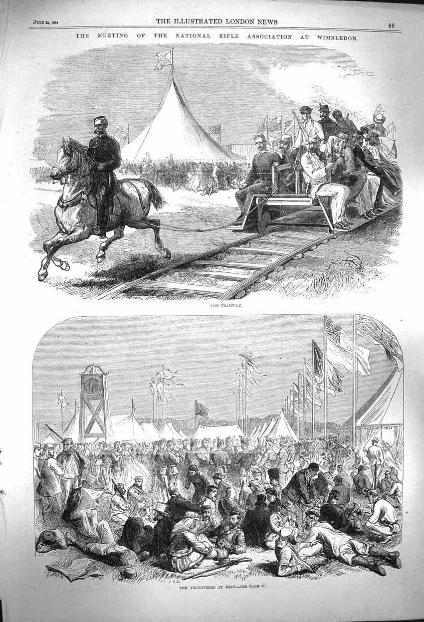 Original Old Antique Print 1864 National Rifle Wimbledon Tramway Volunteers
