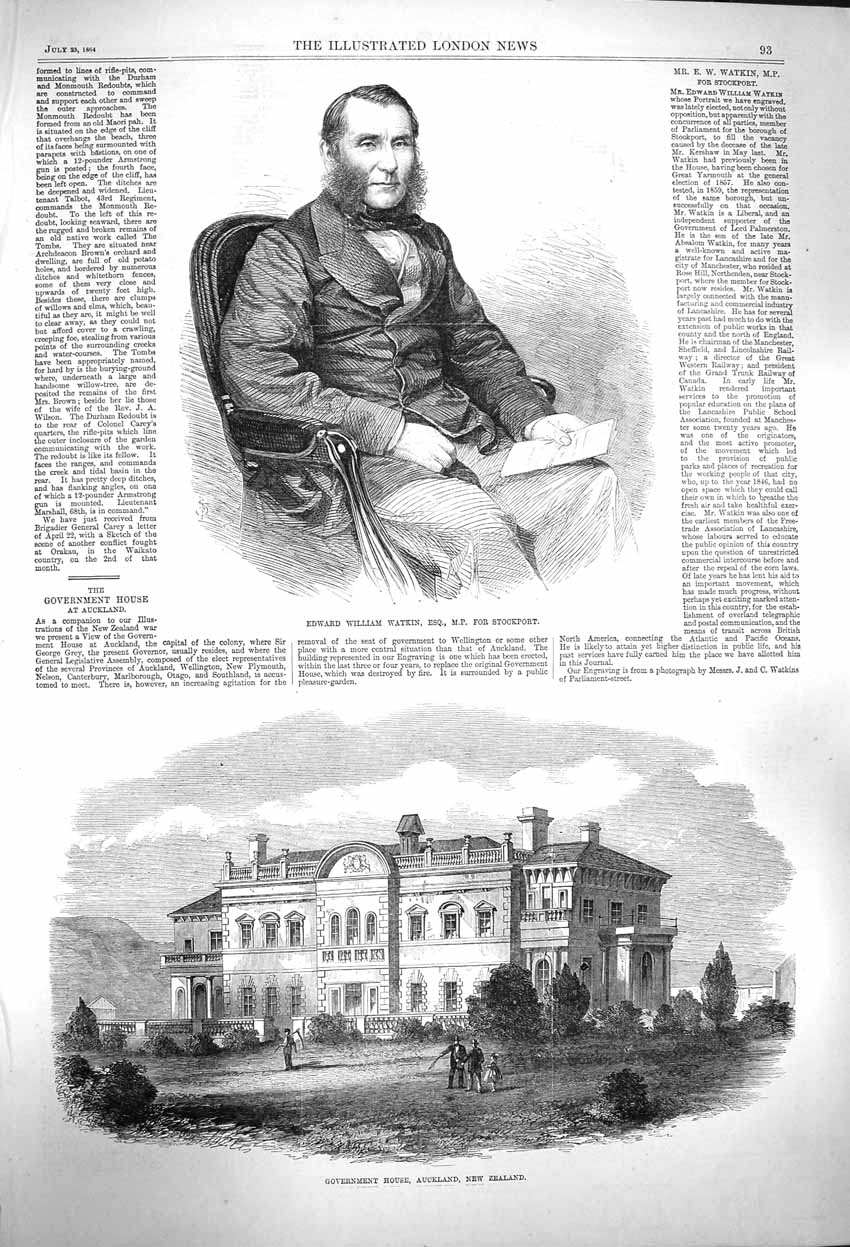Old Antique Print 1864 Edward William Watkin Stockport Government Zealand 19th
