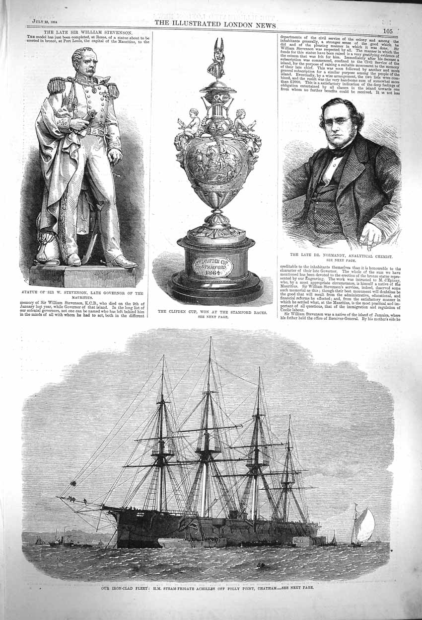 Old Antique Print 1864 Ship Achilles Chatham Clifden Stevenson Normandy 19th
