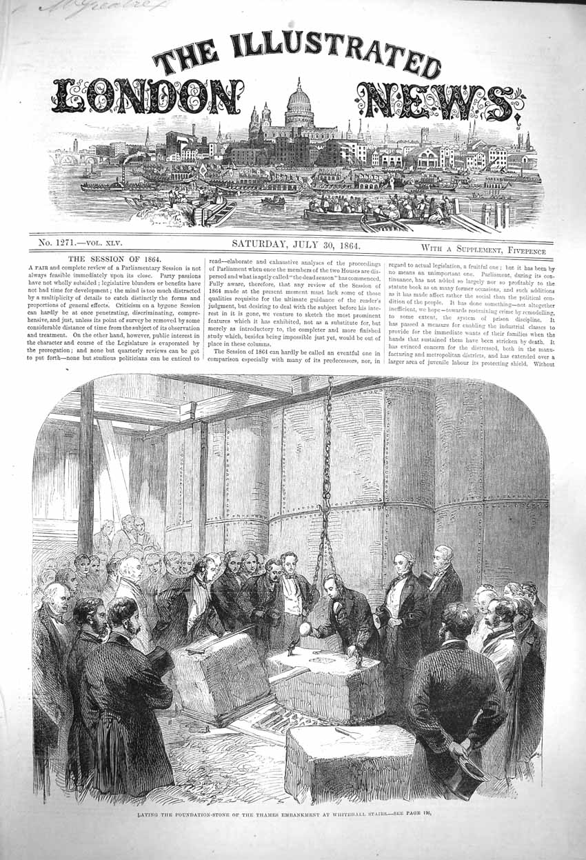 Original Old Antique Print 1864 Foundation Stone Thames Embankment Whitehall